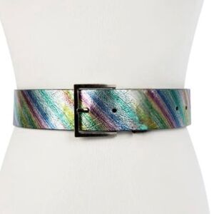 Kurt Geiger London Leather Stretch Belt- Light Blue/Antique Silver